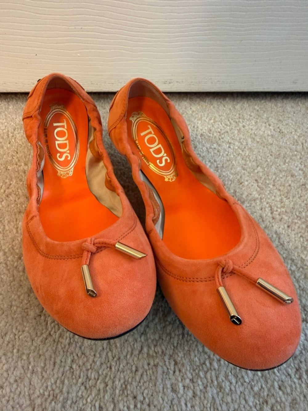 Tod's Orange Suede Ballet Flats with Gold Aglets - Women